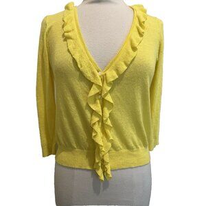 J. Crew bright yellow linen size medium ruffle button front 3/4 sleeve knit top